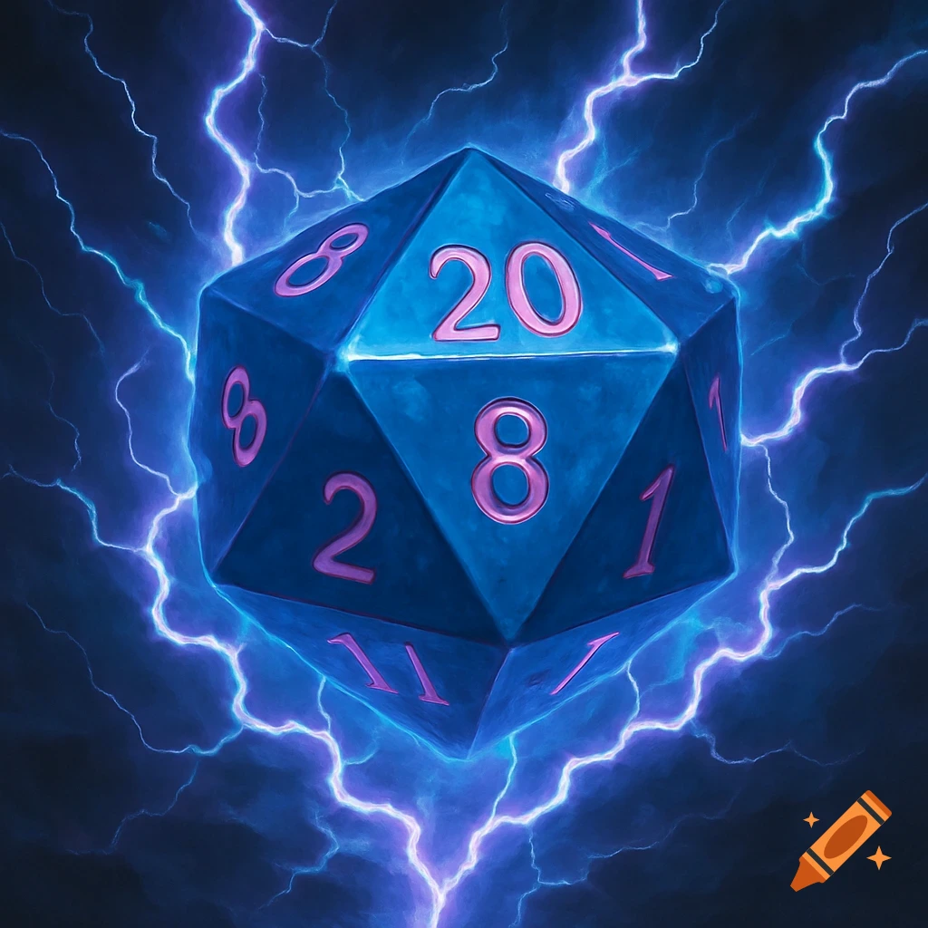 A blue d20 dice with pink numbers surrounded by purple lightning.