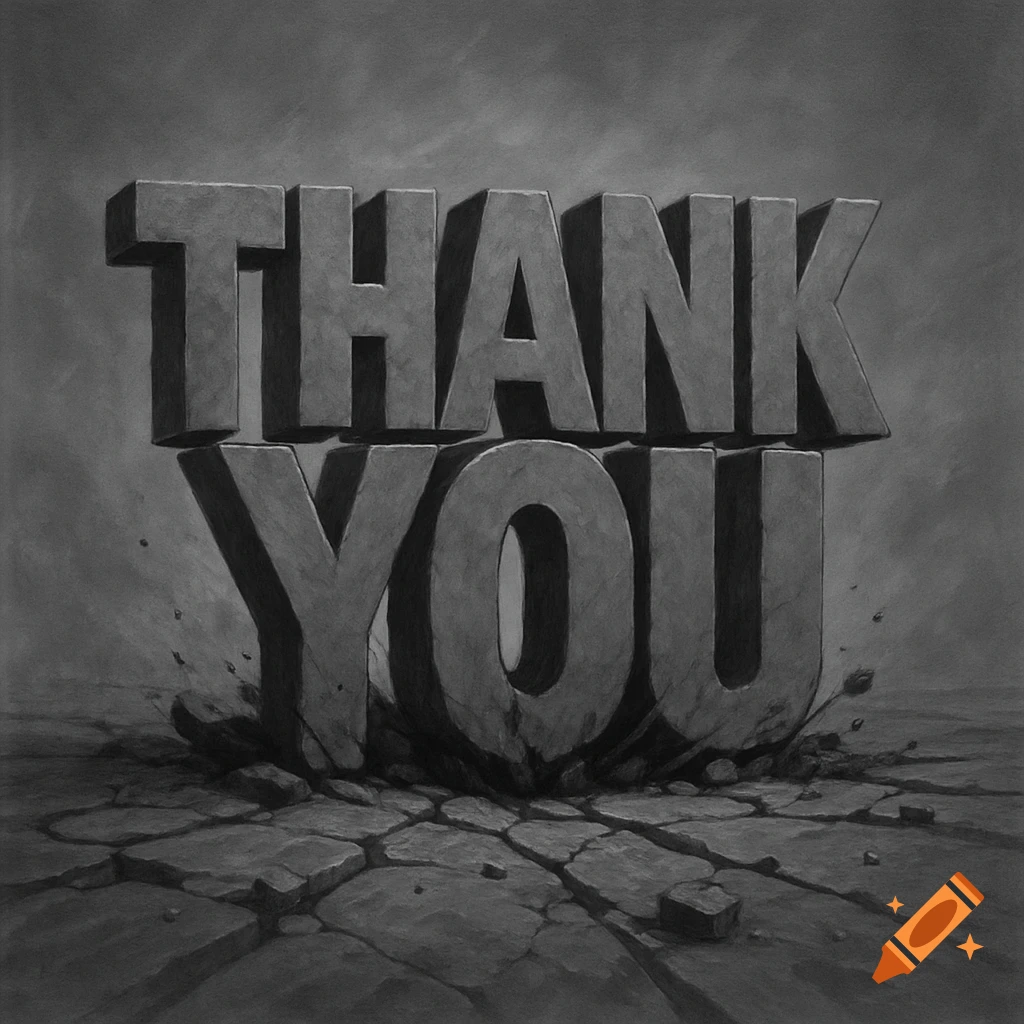 Large grey stone letters 'THANK YOU' breaking apart grey stone ground.