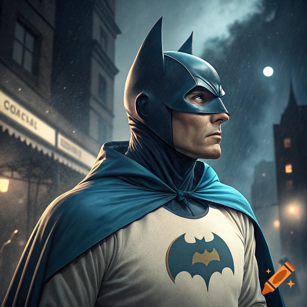 Portrait of Batman in costume standing on a rainy city street at night