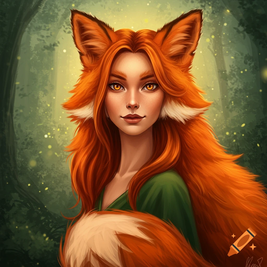 Illustration of a fantasy woman with fox ears and fur in a forest.