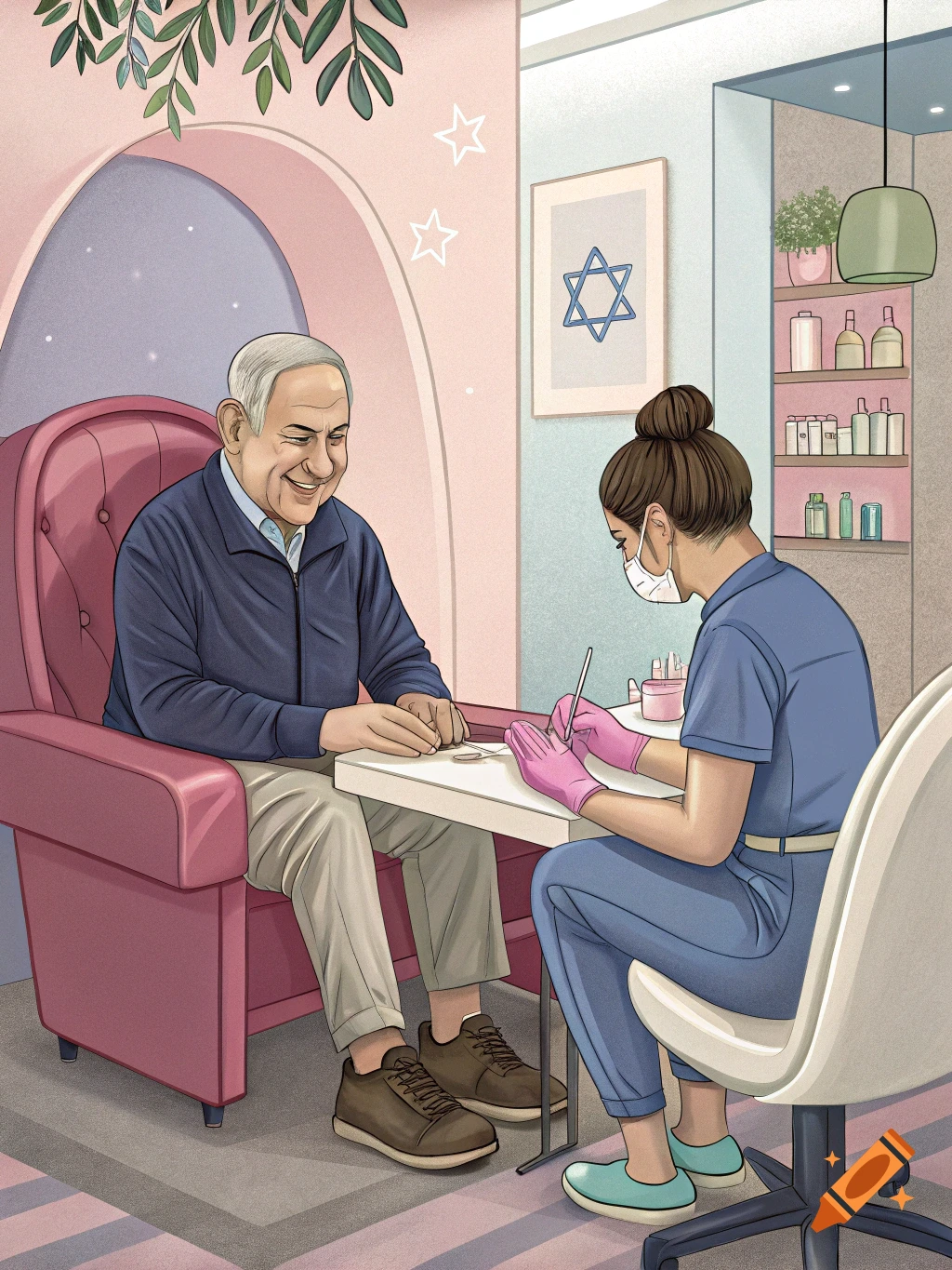 Illustration of Benjamin Netanyahu getting a manicure in a salon