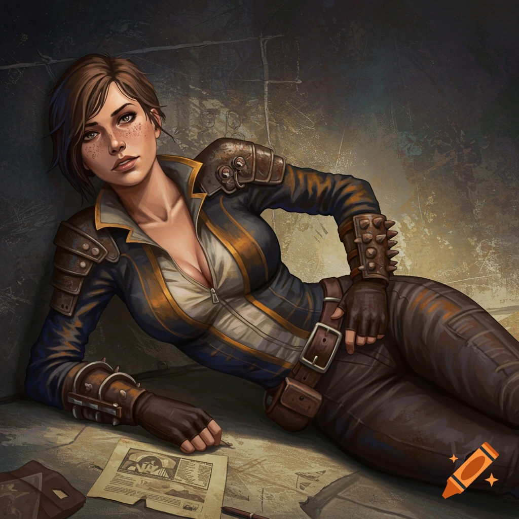 A woman dressed as a post-apocalyptic raider lies on the ground next to a document in a digital painting.
