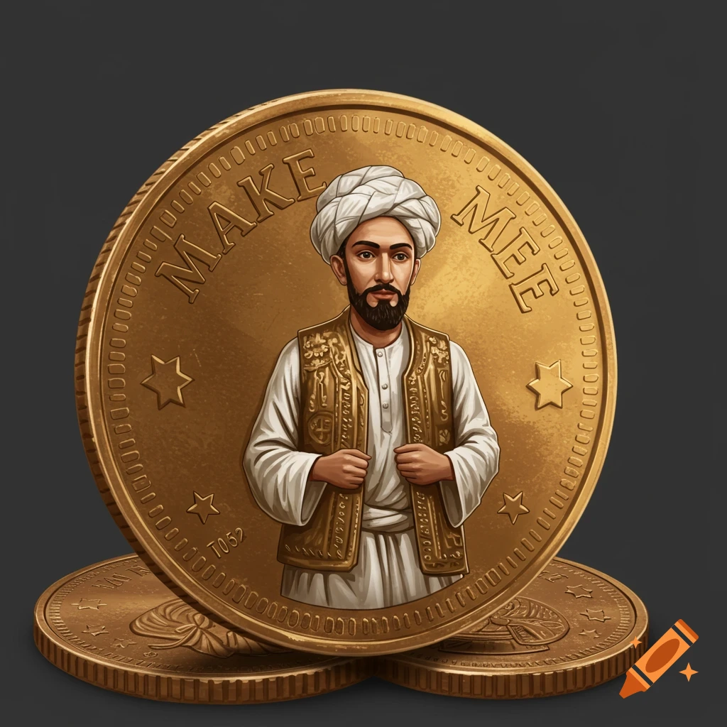 A golden coin with a portrait of a man in a turban and traditional clothing.