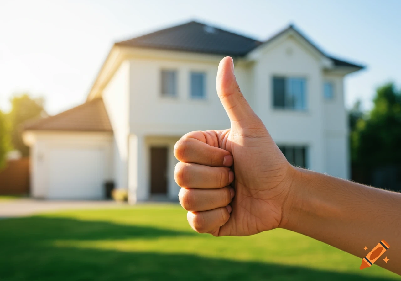 Hand giving a thumbs up in front of a modern house.