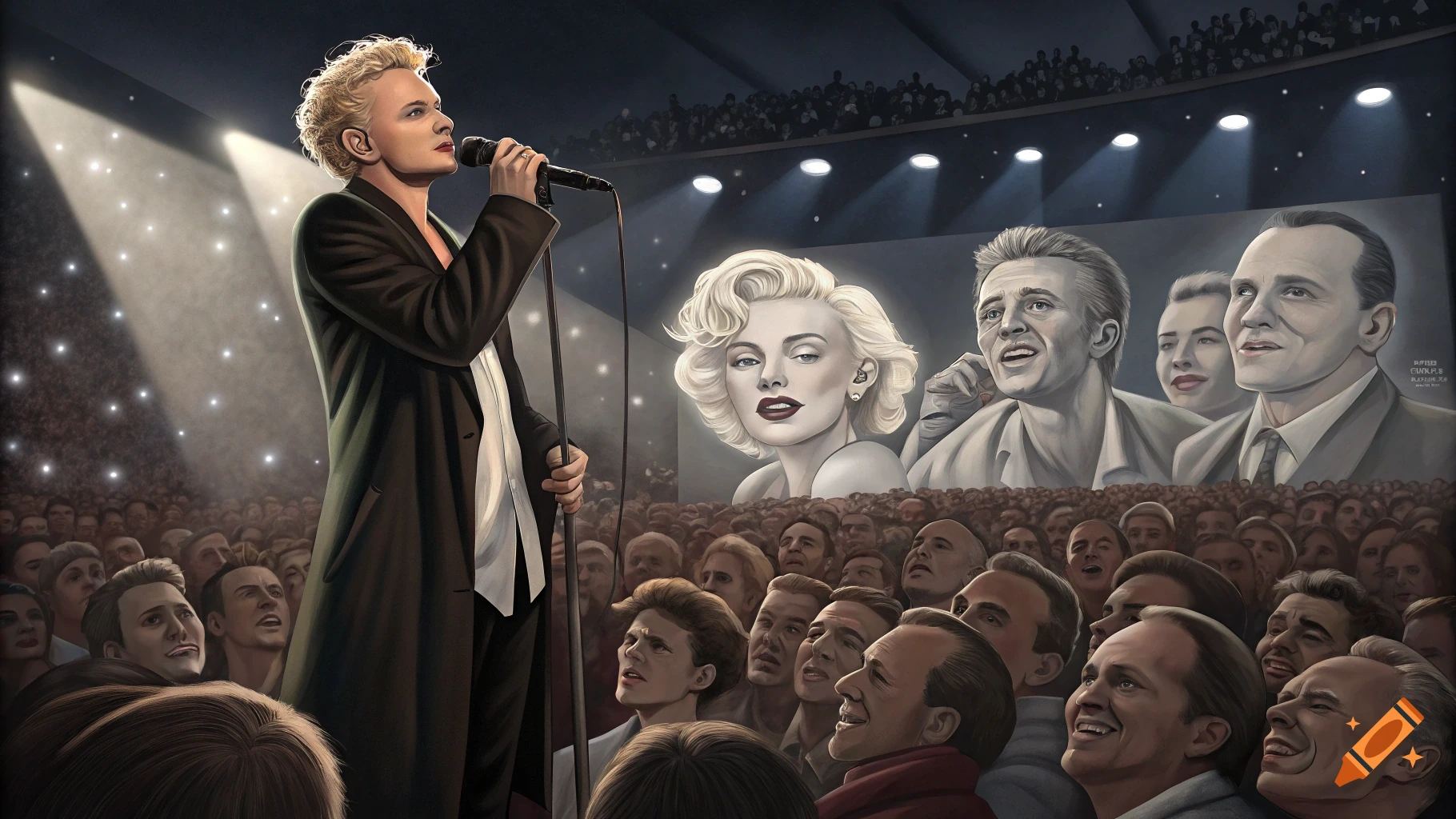 A singer stands on stage with a spotlight, performing for a crowd while portraits of classic celebrities like Marilyn Monroe are displayed on a screen behind them.