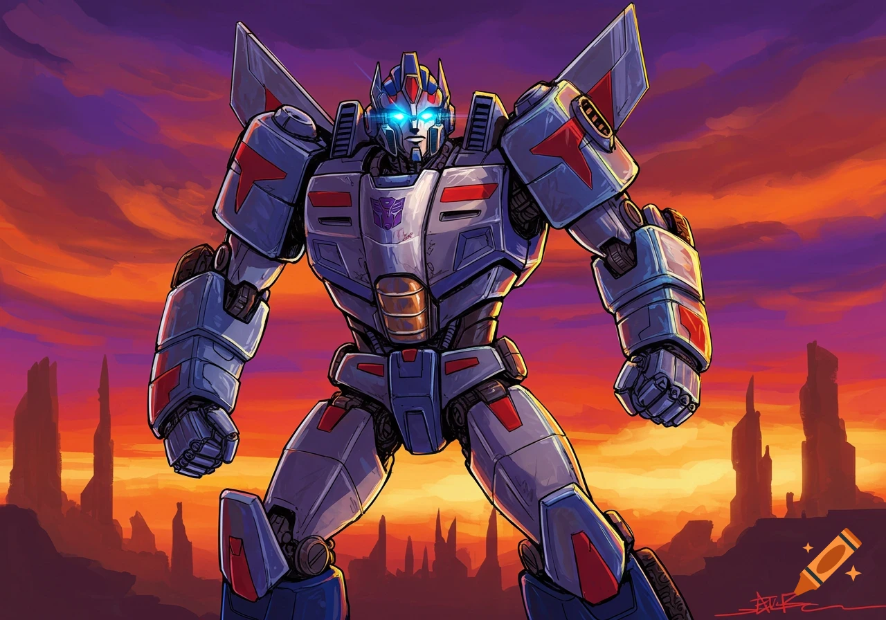 An illustration of an Autobot robot standing dramatically against a sunset sky with rock formations.
