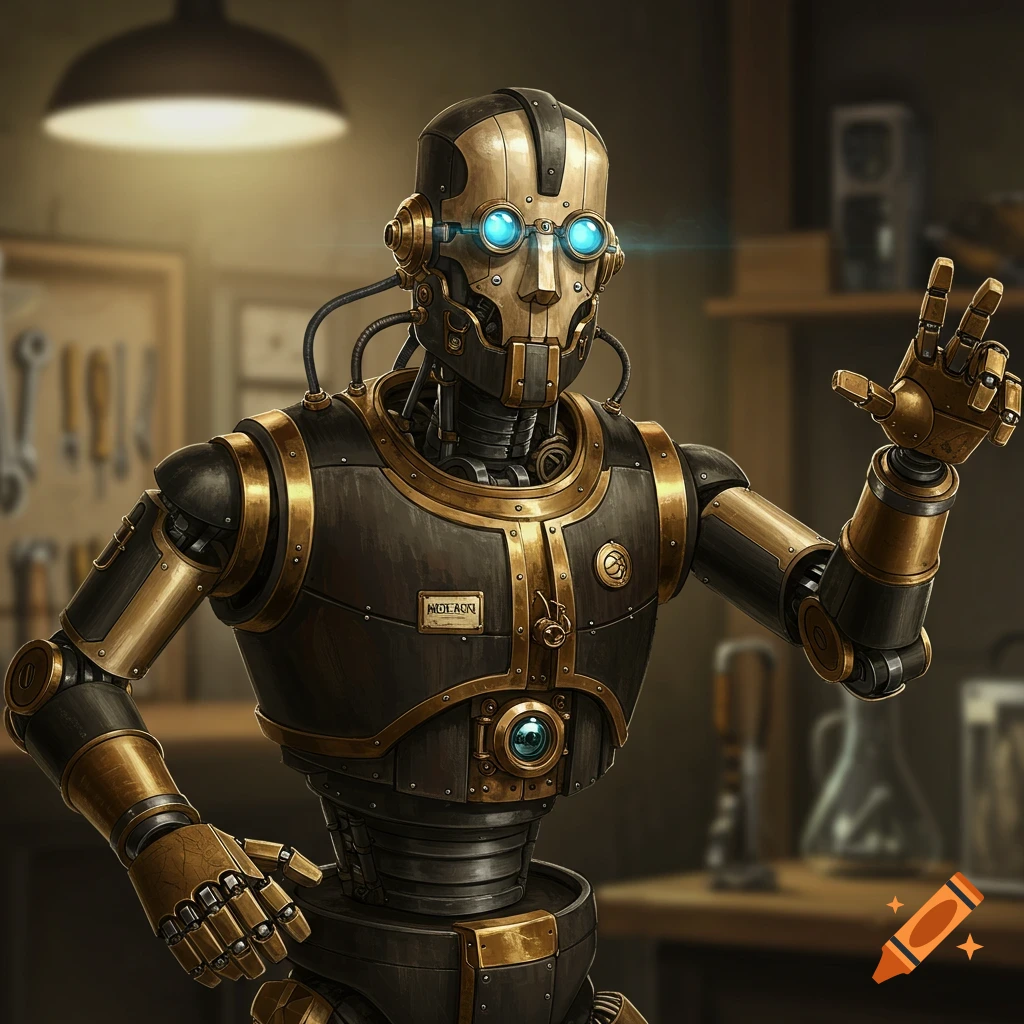 Steampunk robot in a workshop