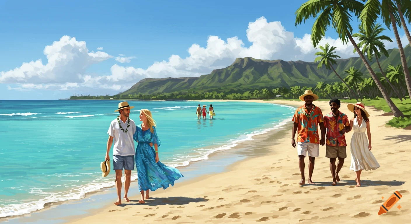 Couples walk along a tropical beach with palm trees and mountains in a painted style.
