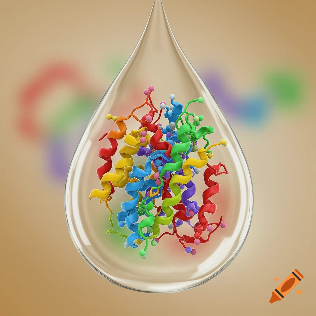 A colourful molecular structure, resembling a peptide with alpha helices, inside a clear liquid droplet.