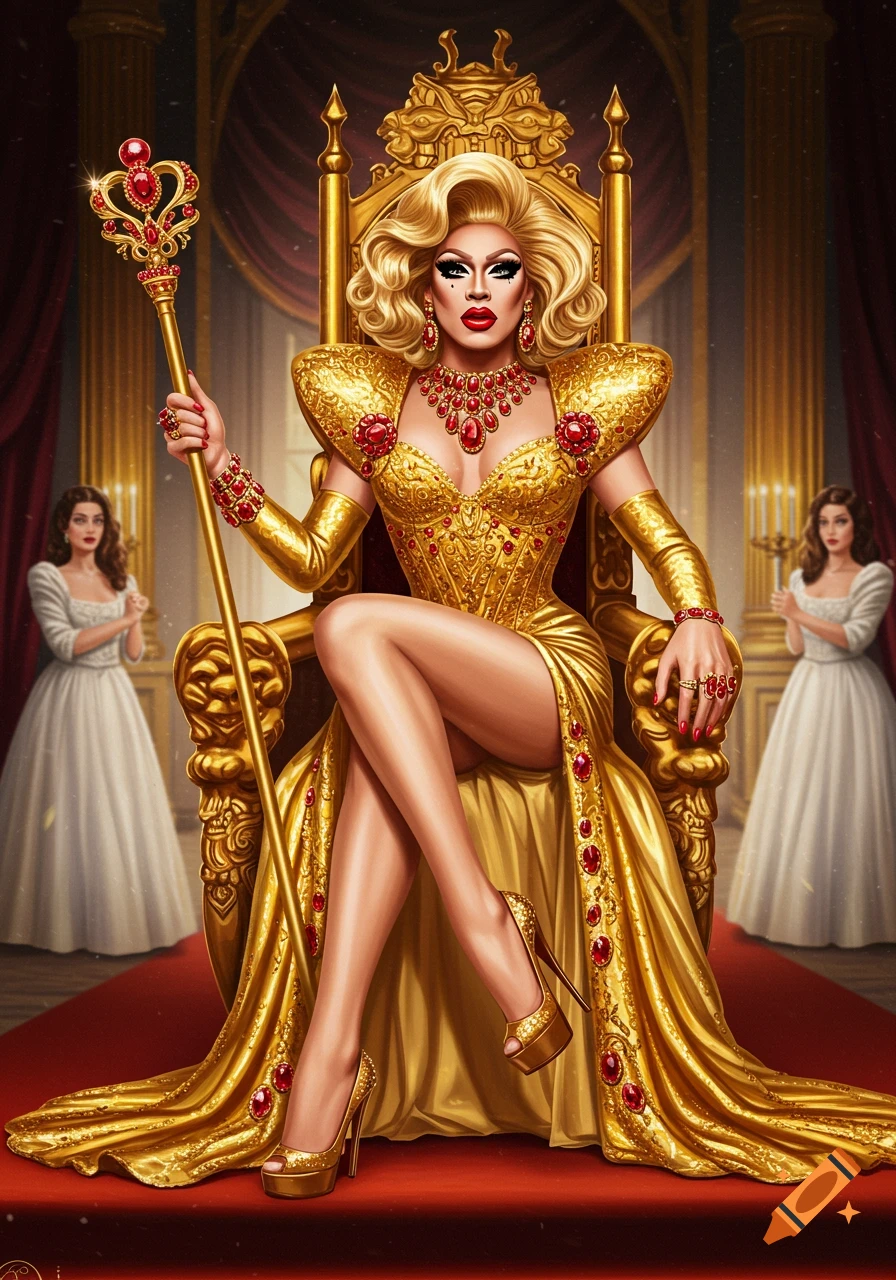 A drag queen in a golden dress sits on a throne holding a scepter.