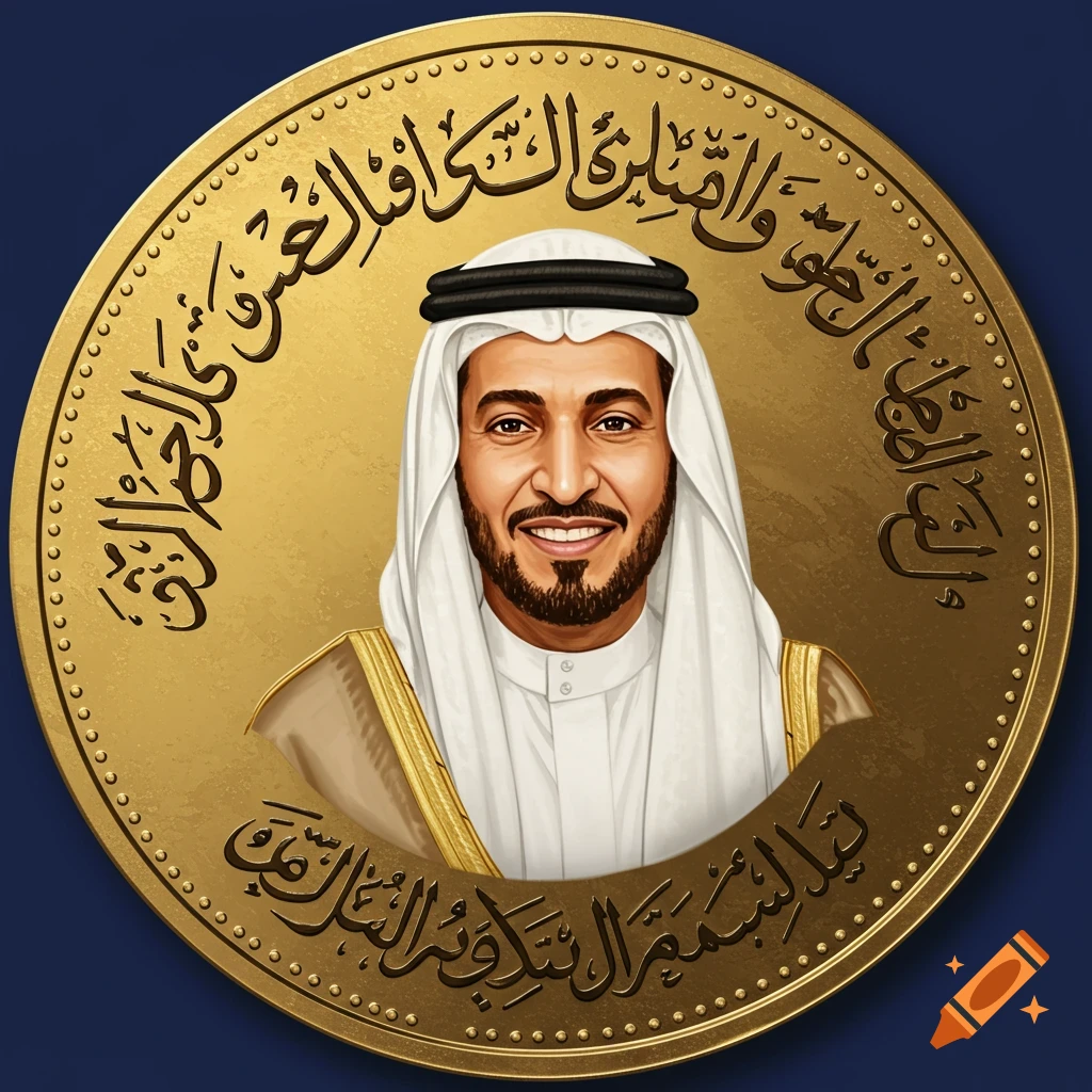 A golden coin featuring a portrait of a man in traditional Arabic attire surrounded by decorative script.