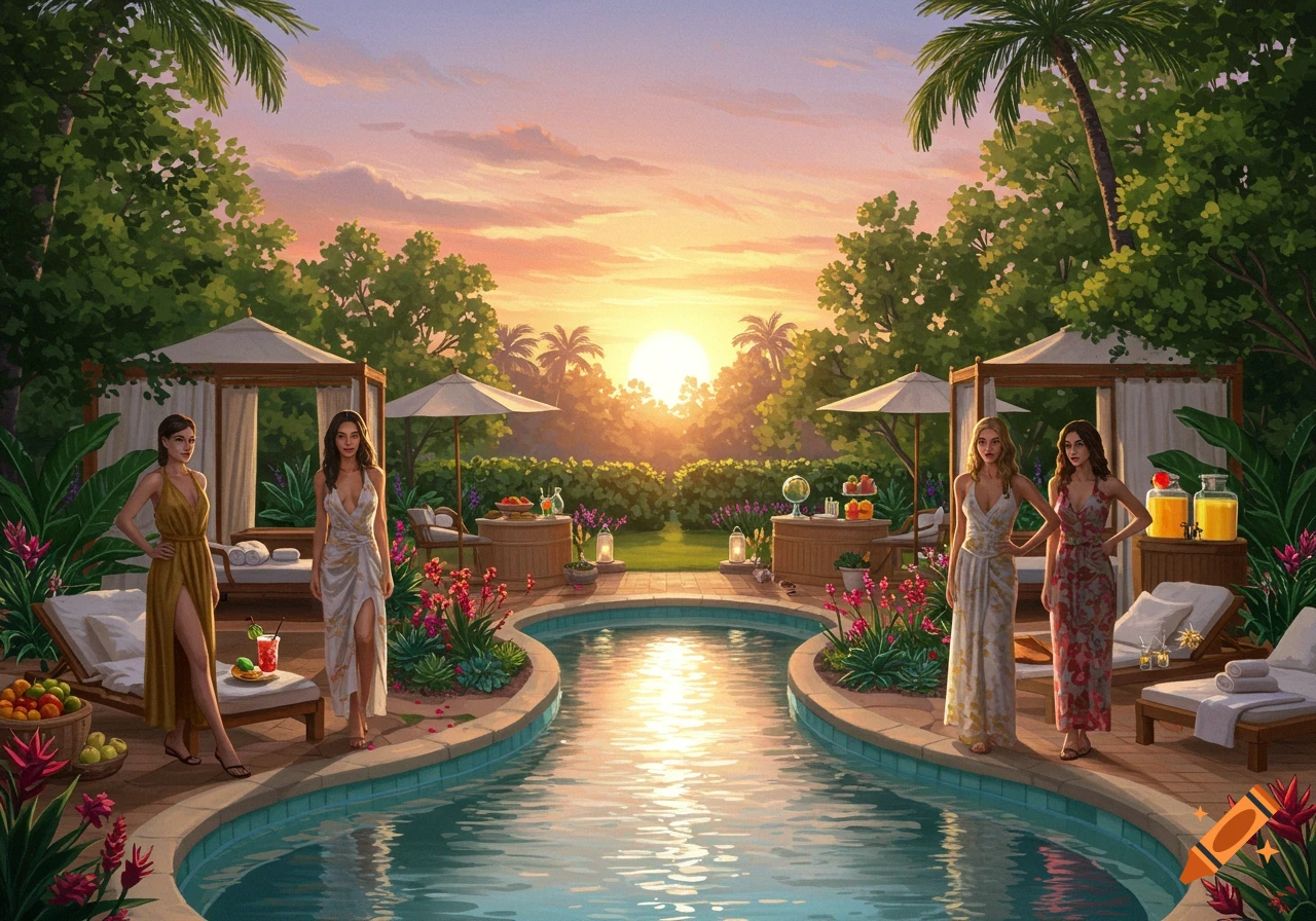 Four elegant women stand by a pool at sunset in a lush tropical garden.
