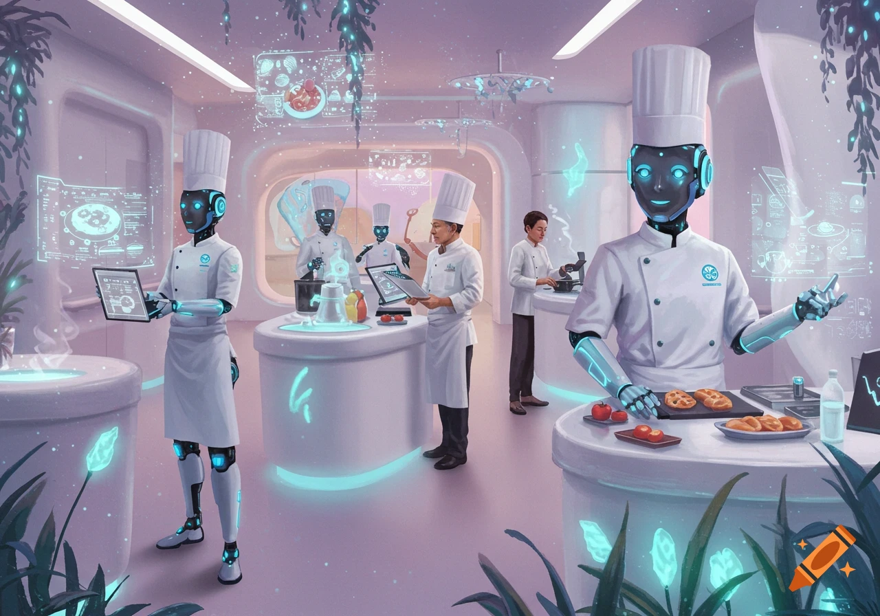 Futuristic illustration of robot and human chefs cooking in a kitchen with holographic displays.