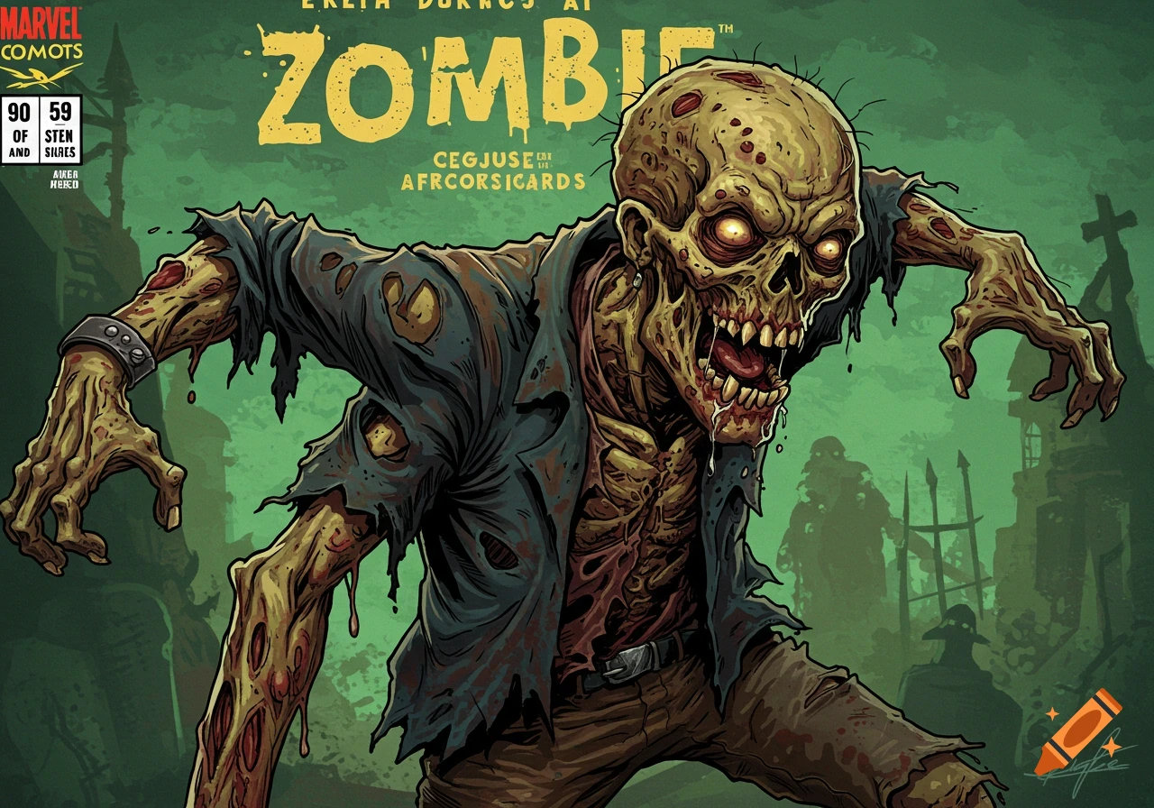 Comic book cover featuring a decaying zombie with glowing eyes.