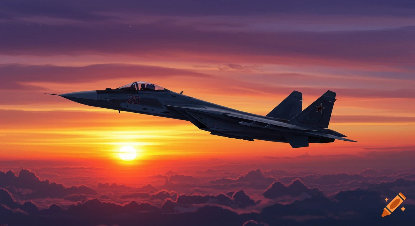 A fighter jet flies through clouds during a colorful sunset.