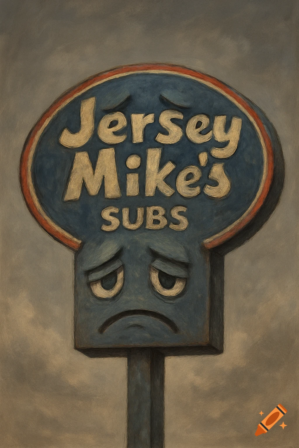 A sad looking Jersey Mike's Subs sign in a painted style.