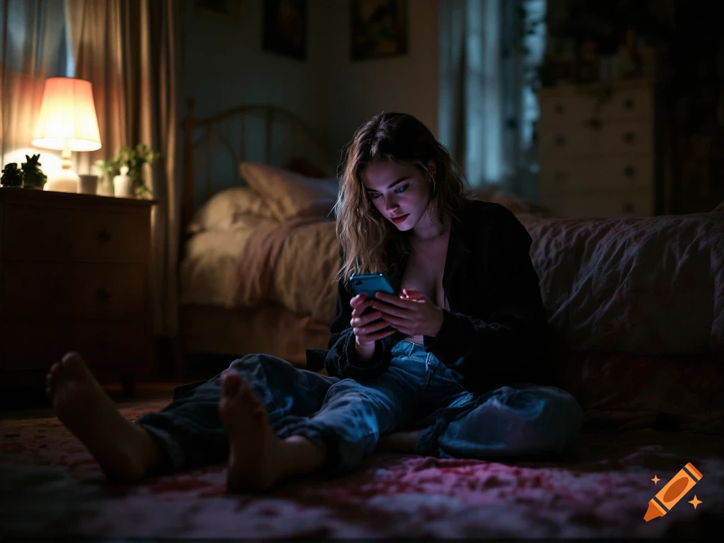 A woman sits on the floor in a dimly lit bedroom, looking at her smartphone. Moody lighting.