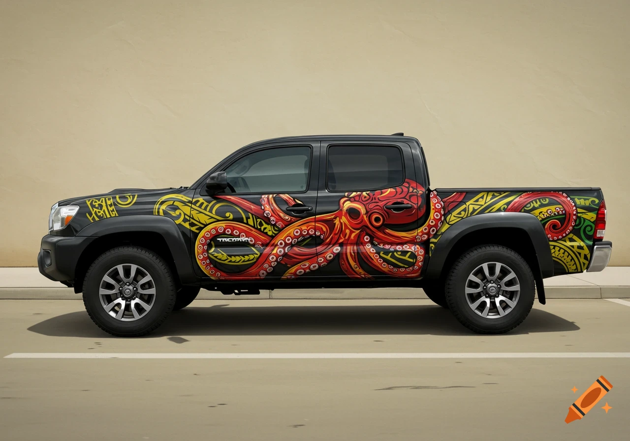 Black truck with red, yellow, and green octopus tribal design on the side