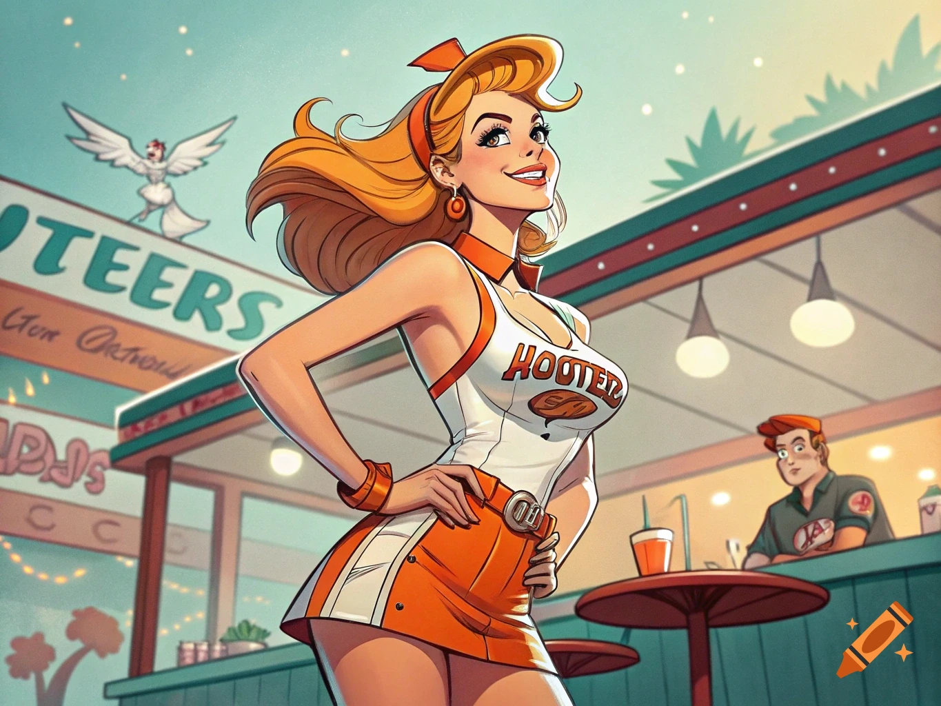 Cartoon pinup woman in orange and white uniform standing outside a restaurant, 2010s comic art style.