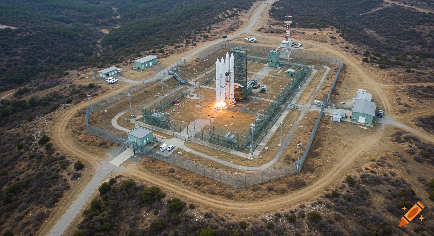 Aerial view of a rocket firing on a launch pad at a secured site, surrounded by buildings and fencing.