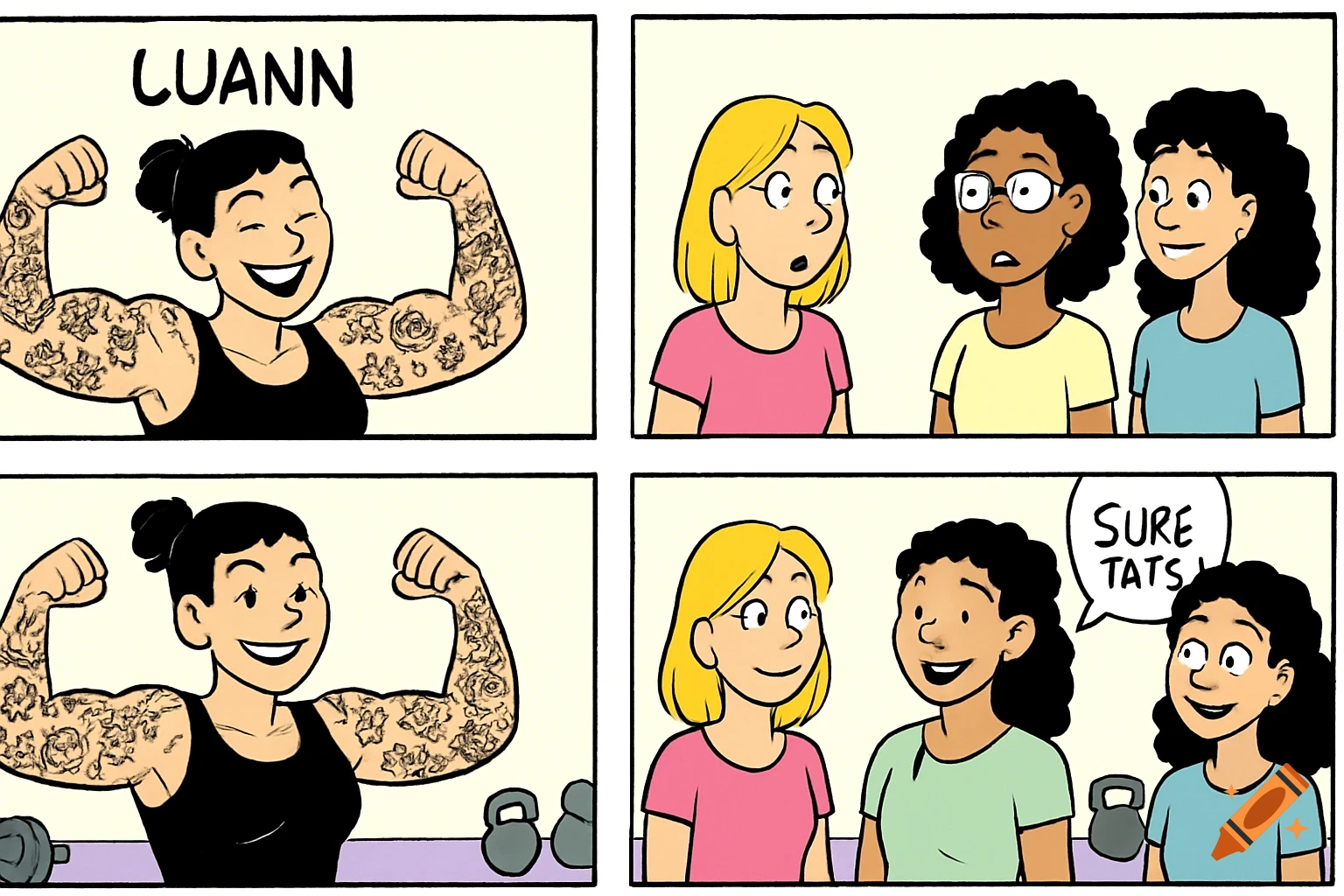 Comic strip of Luann flexing tattooed biceps for friends at gym