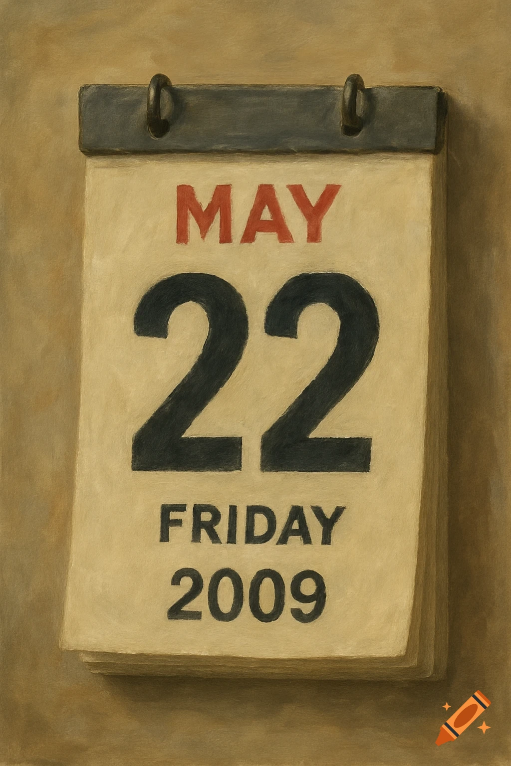 Painting of a tear-off calendar page showing May 22, 2009, which is a Friday.