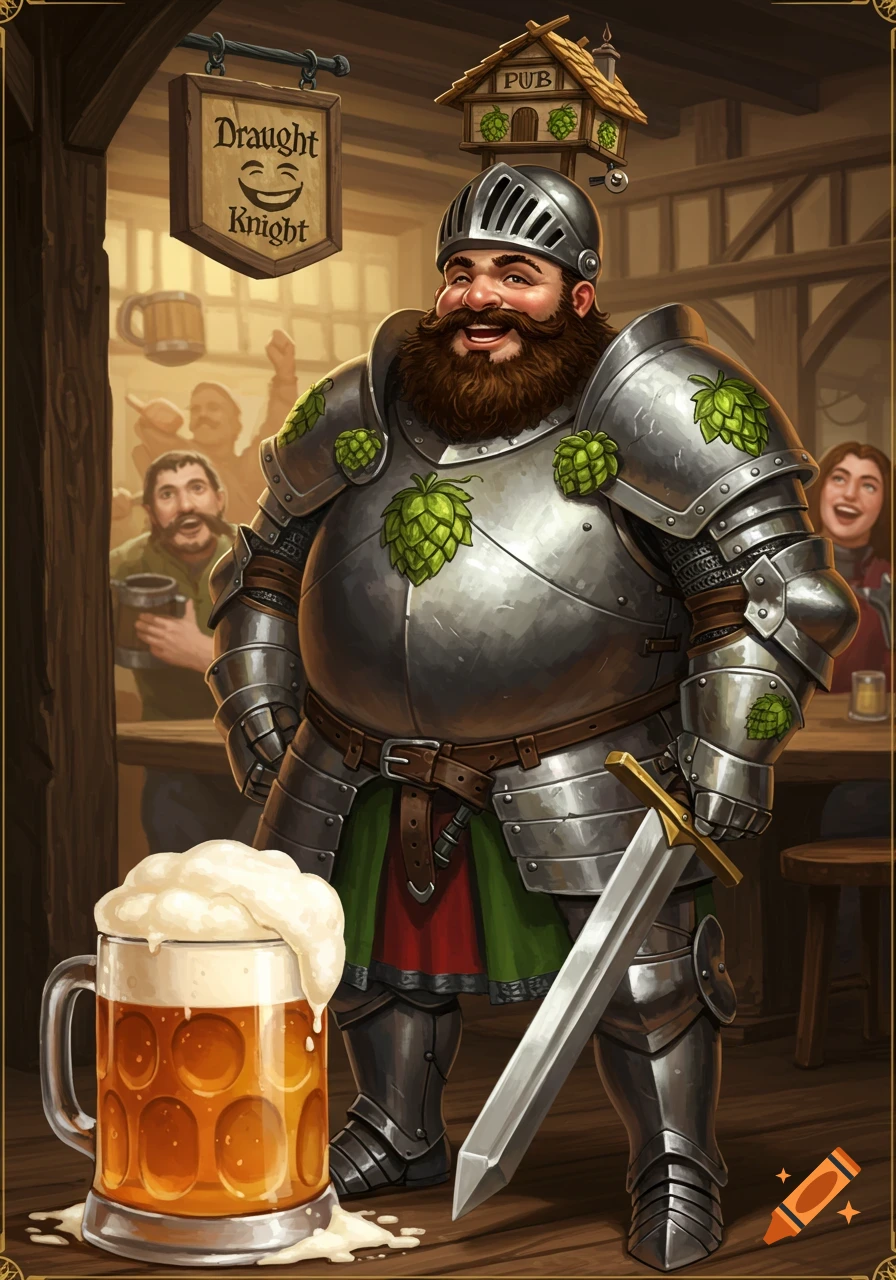 Fantasy illustration of a cheerful knight in armor with hops in a pub, next to a beer mug.