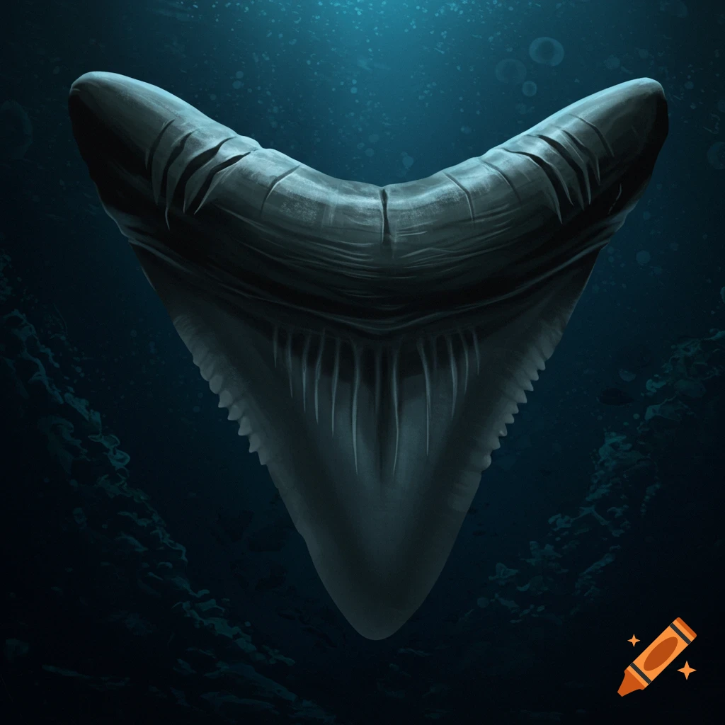 A large shark tooth in deep blue water.