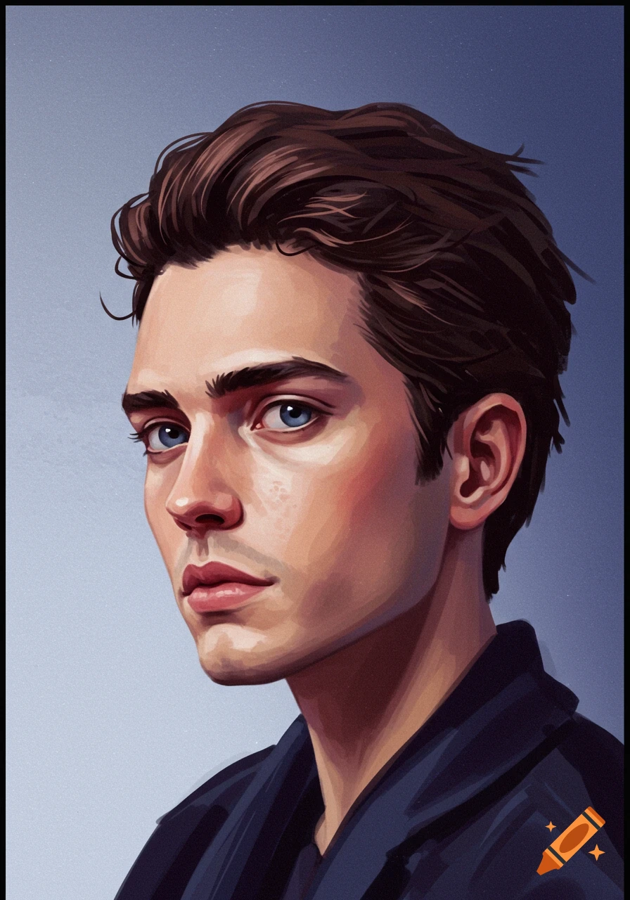 A digital painting portrait of a young man with brown hair and blue ...