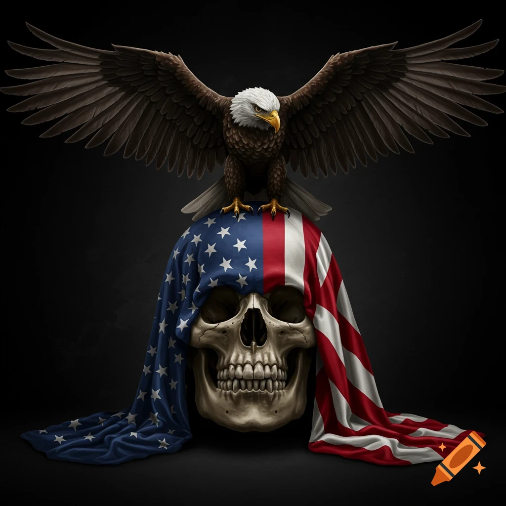A bald eagle perches on a skull draped with an American flag.