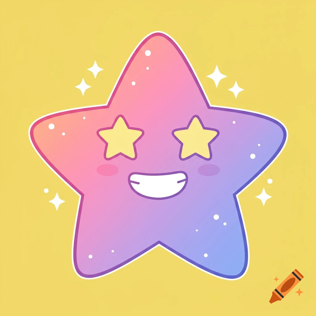 A cute cartoon star character with star eyes and a gradient body on a yellow background.