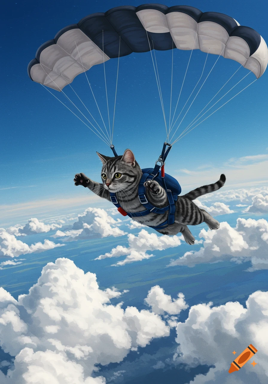 A cat skydiving with a parachute above the clouds.