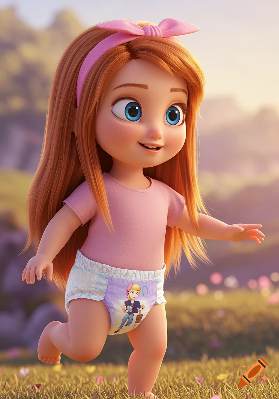 Pixar style girl with red hair, blue eyes, pink shirt and headband, and purple diaper running in a field.