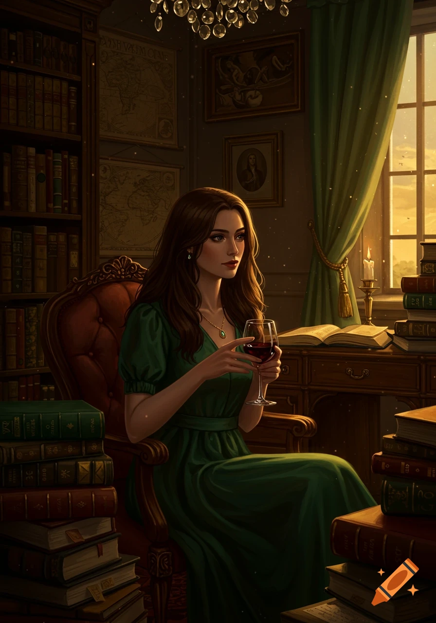 A woman sits in a chair holding a glass of wine in a dark academia library.