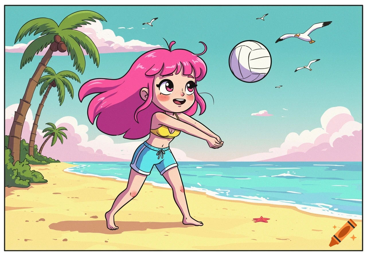 Cartoon girl with pink hair playing volleyball on a beach.