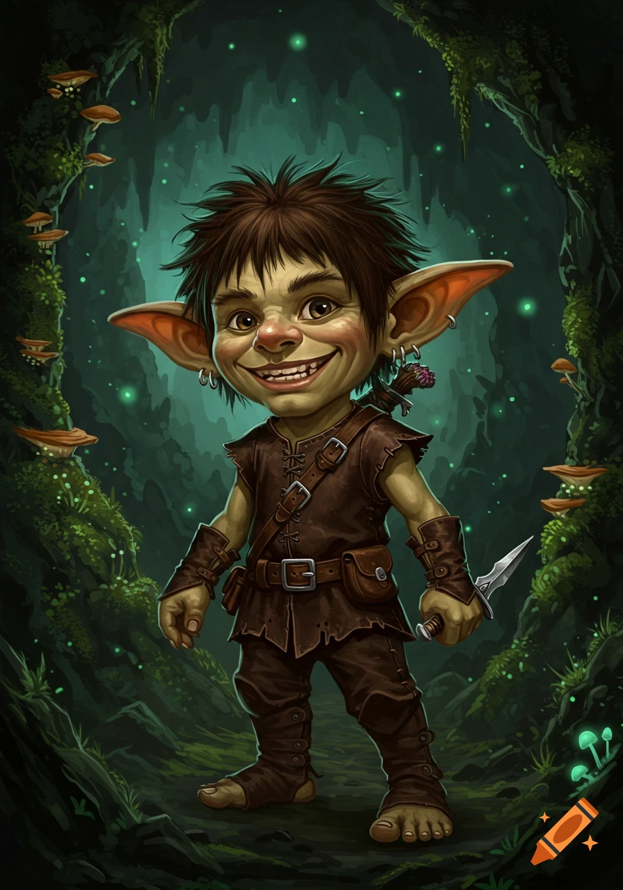 A grinning cartoonish goblin stands in a dark forest, holding a knife.