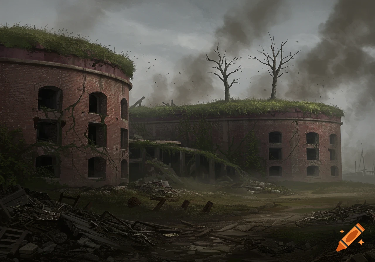 Ruined brick fort covered in greenery and debris under a cloudy sky, post-apocalyptic digital painting.
