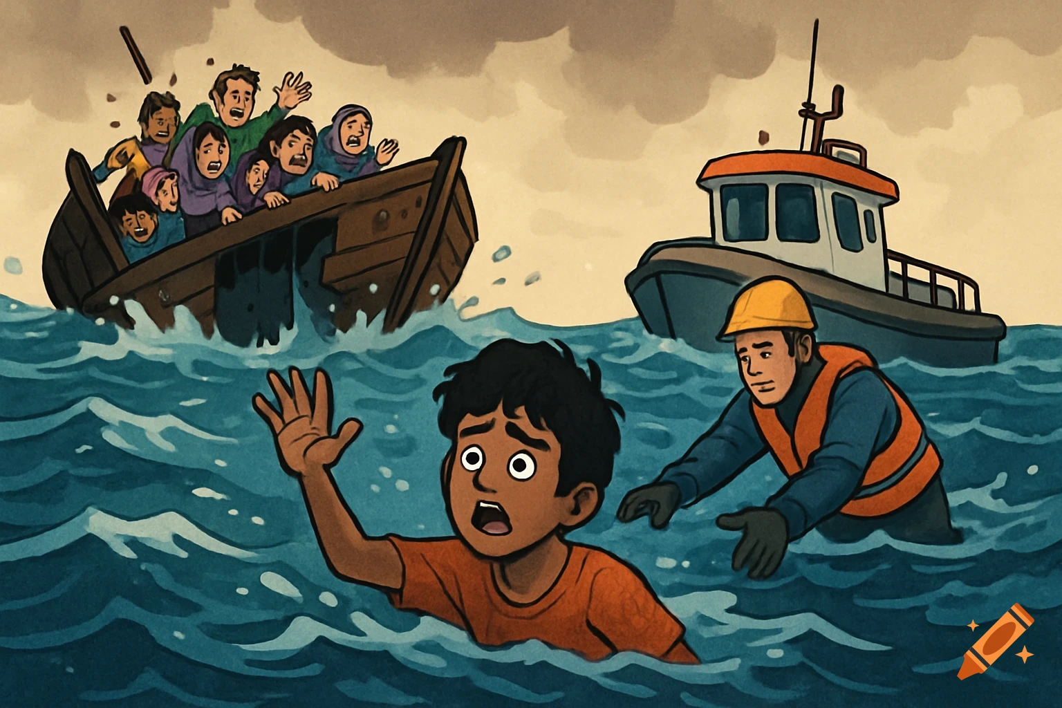 Cartoony illustration of a boy reaching from rough seas towards a rescuer near a capsized boat with people.