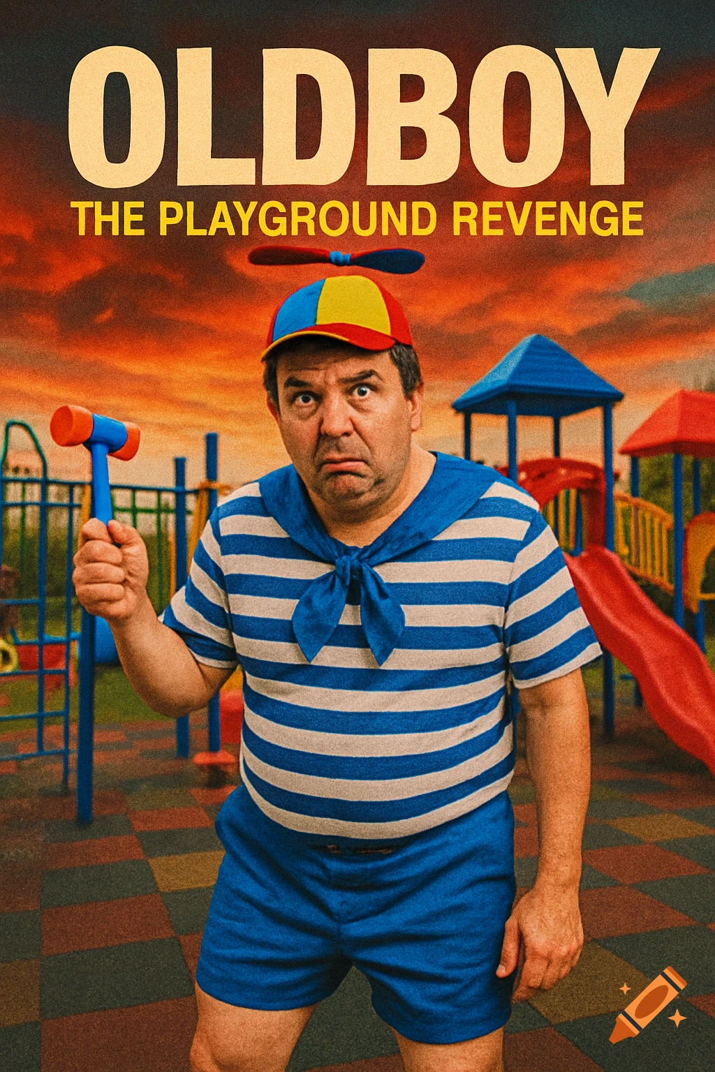 Parody movie poster of Oldboy: man in sailor suit and propeller hat on playground.