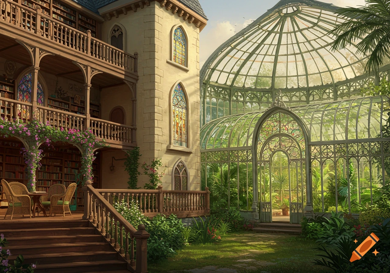 A large building with a library balcony and a glass greenhouse attached, surrounded by greenery.