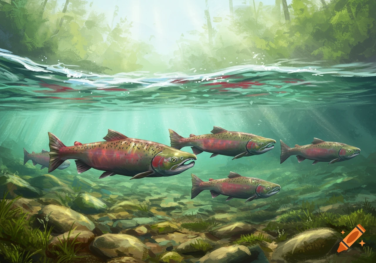 Illustration of several salmon swimming underwater in a sunlit river.