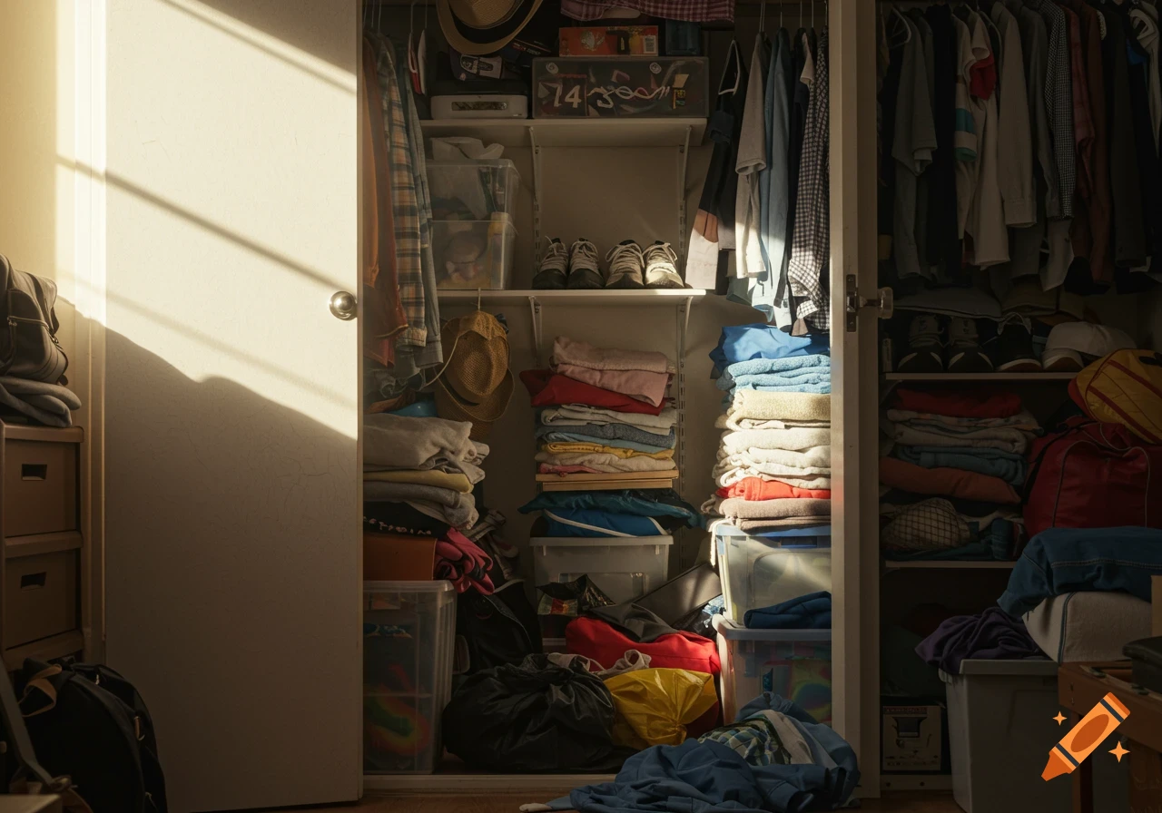 A messy, overflowing closet filled with clothes and storage containers, lit by sunlight from the left.
