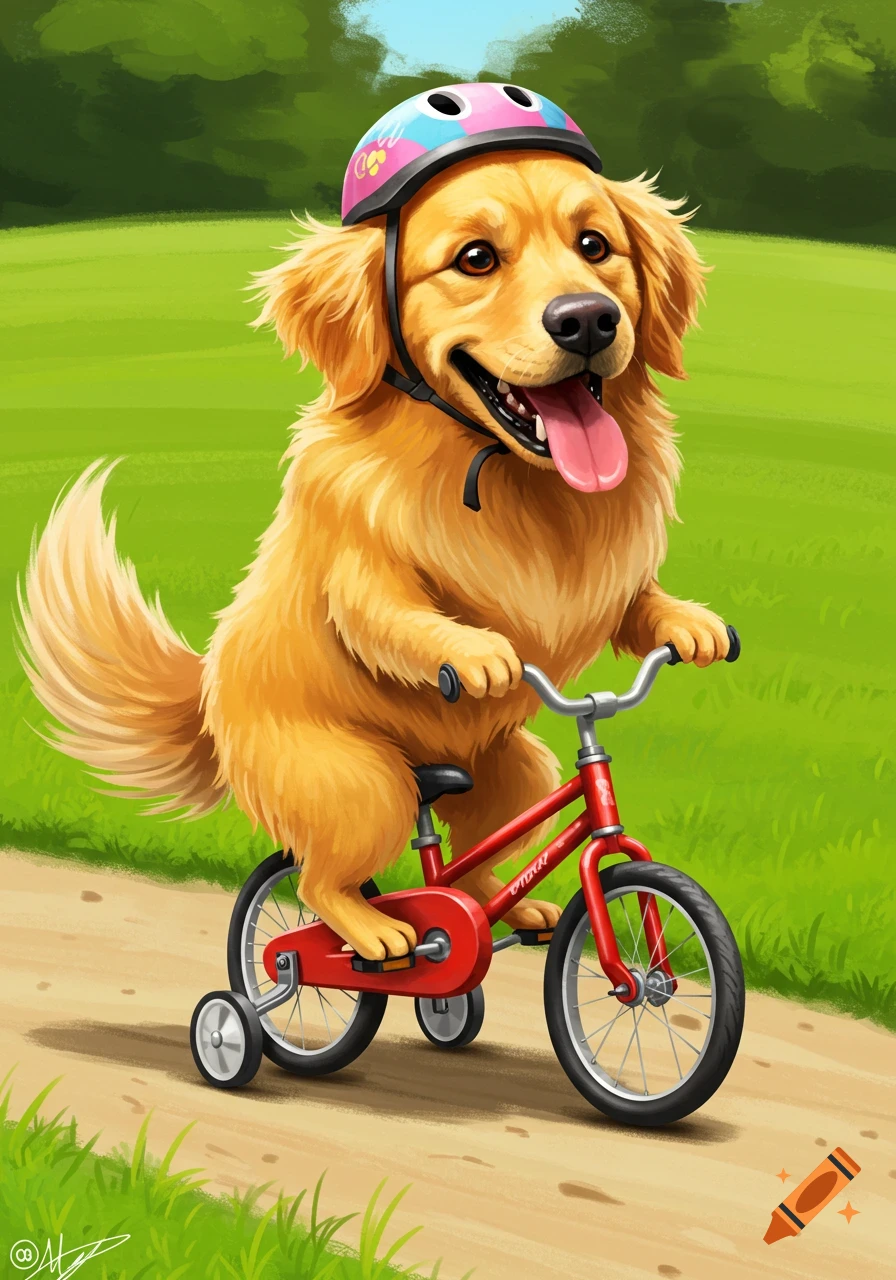 Digital painting of a golden retriever in a helmet riding a bicycle.
