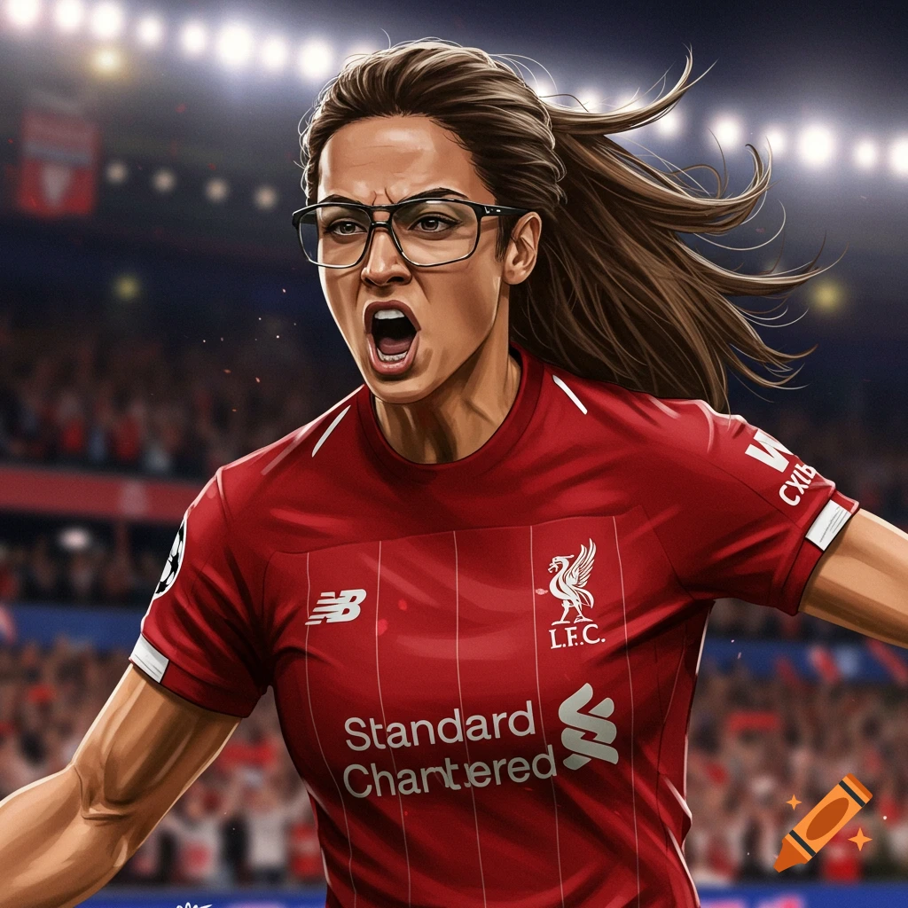 Illustrated portrait of a woman in a Liverpool FC soccer jersey and glasses, shouting in a stadium.