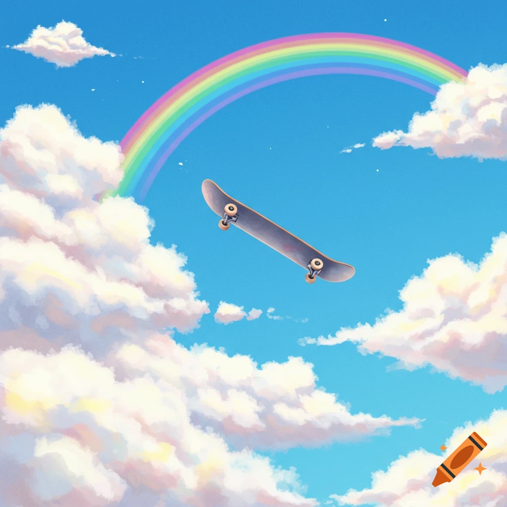 A skateboard flies through a cloudy sky with a rainbow.