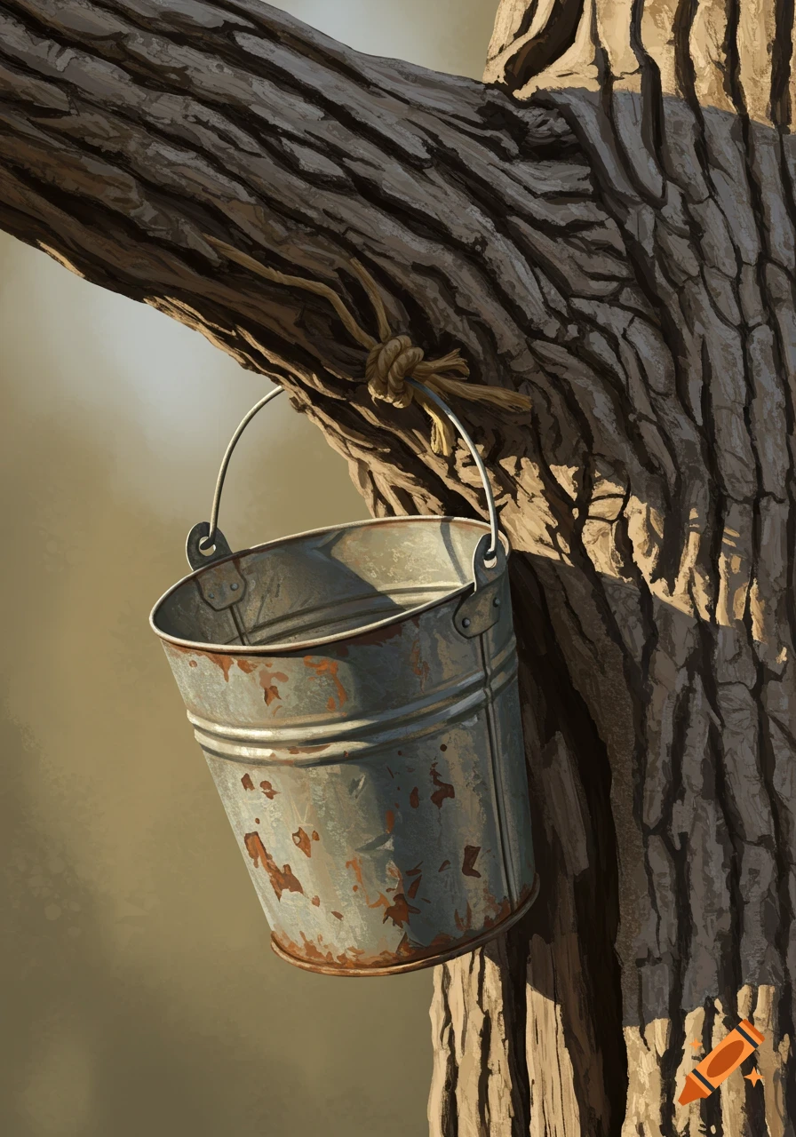 A rusty metal bucket hangs by rope from the trunk of a tree.