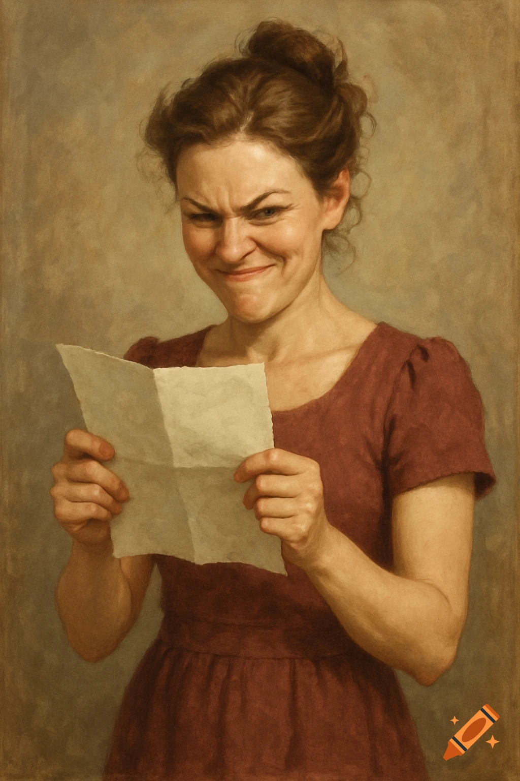 Painting of a woman squinting intensely while holding a piece of paper.