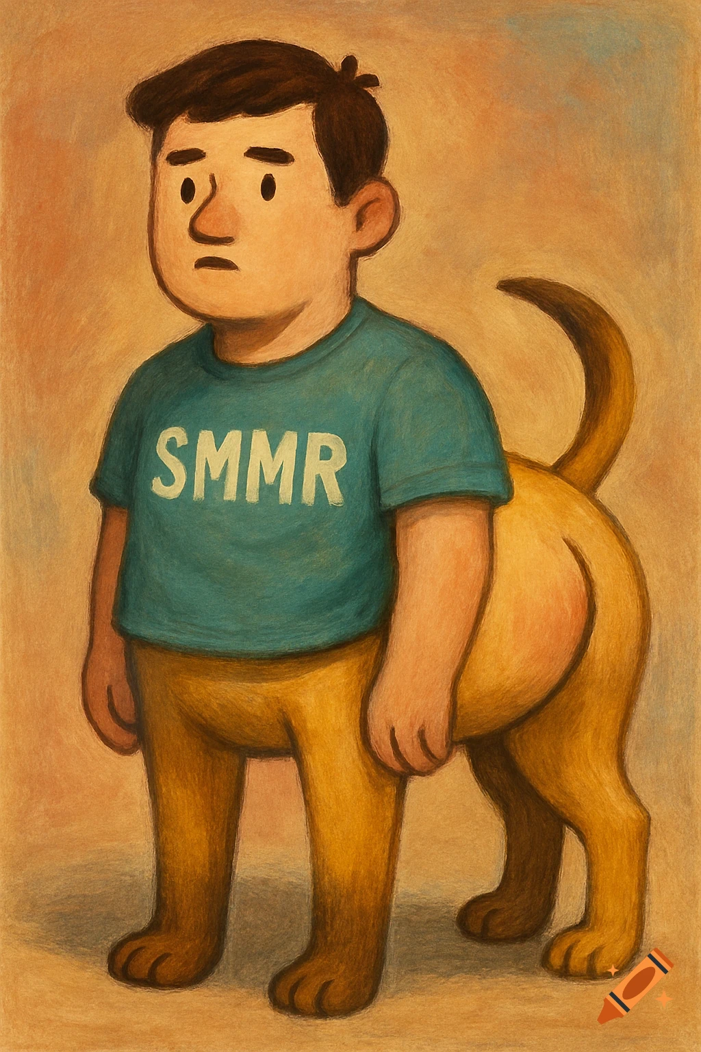 Stylized illustration of a human with a dog's rear and hind legs, wearing a shirt that says SMMR.