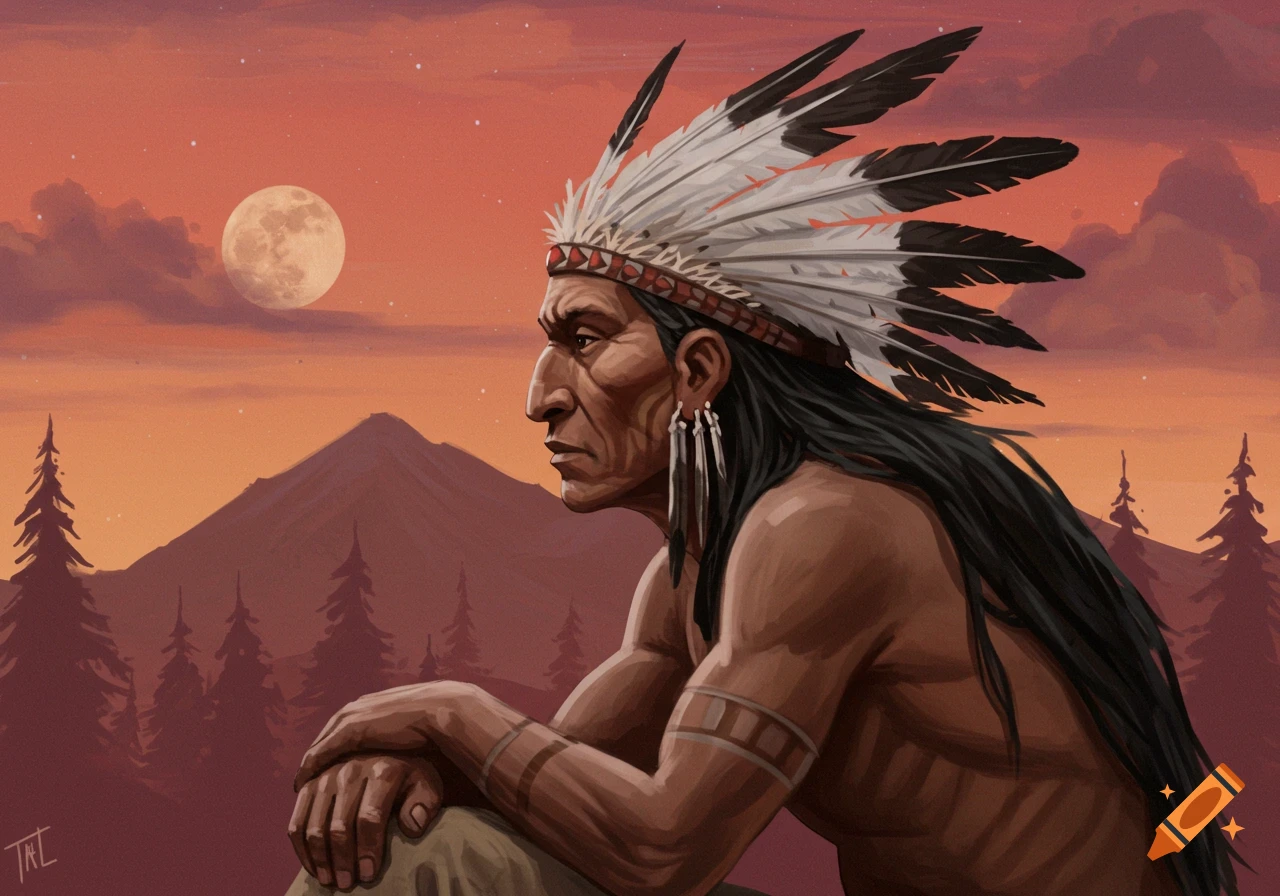 Portrait of a Native American man in feathered headdress against a mountain landscape and full moon.