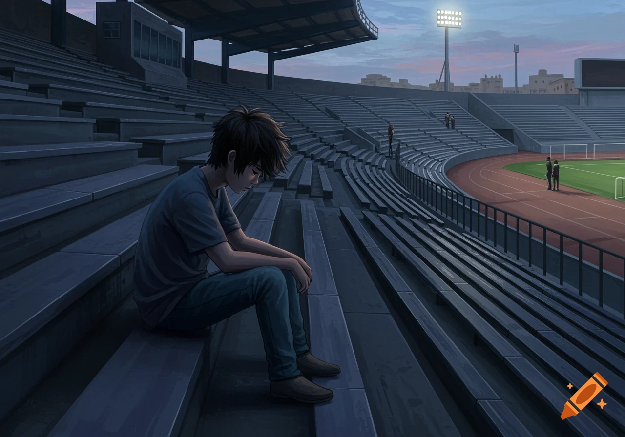 A lonely boy sits in the empty grandstands of a stadium at dusk in anime style.